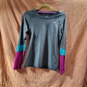 Under Armour Heat Gear Fitted Long Sleeve Tee Color Block Pink Blue Gray Medium